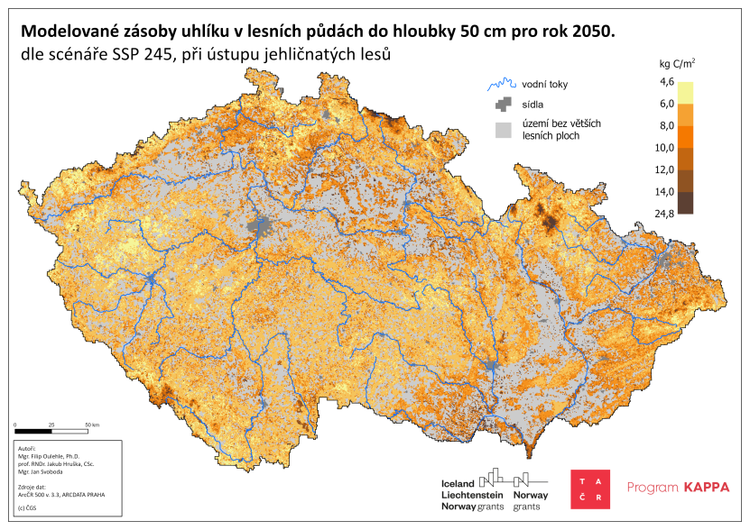 Zásoby C do 50ti cm v roce 2050 dle scénáře SSP 245 zmena lesa