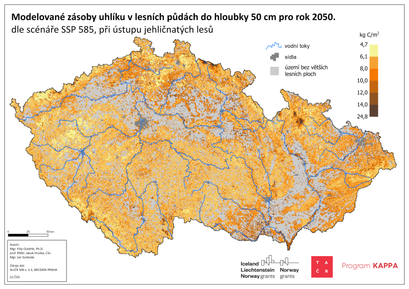 Zásoby C do 50ti cm v roce 2050 dle scénáře SSP 585 zmena lesa