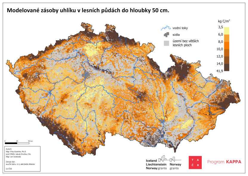 Mapa obsahu uhlíku v lesních půdách v České republice (kg C/m2).